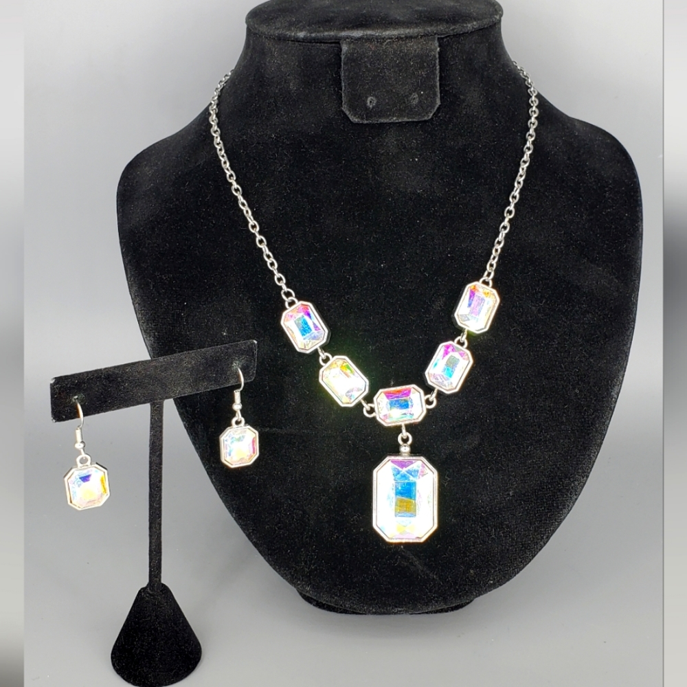 Silvertone AB Necklace and Earrings